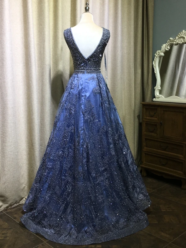 Scintillantes Bleu Roi Fait main Perlage Robe De Soirée 2019 Princesse V-Cou Cristal En Dentelle Fleur Sans Manches Dos Nu Longue Robe De Ceremonie