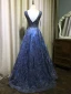 Scintillantes Bleu Roi Fait main Perlage Robe De Soirée 2019 Princesse V-Cou Cristal En Dentelle Fleur Sans Manches Dos Nu Longue Robe De Ceremonie