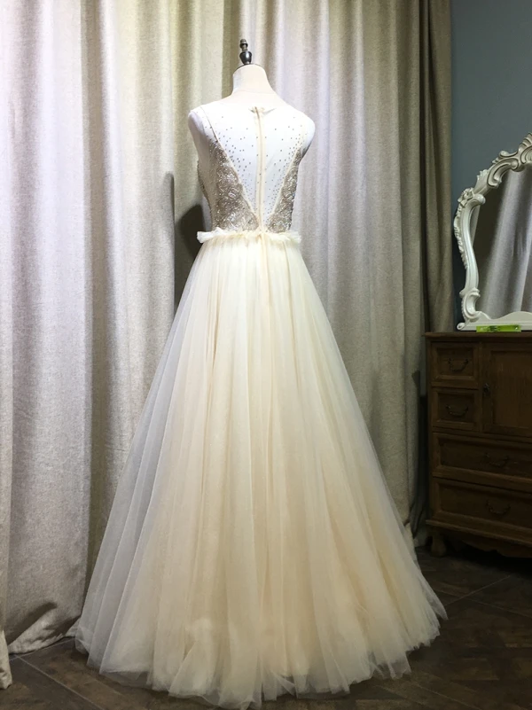 Chic / Beautiful Champagne Evening Dresses  2019 A-Line / Princess Scoop Neck Beading Crystal Rhinestone Sleeveless Pleated Floor-Length / Long Formal Dresses