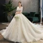 Elegant Champagne Wedding Dresses 2019 A-Line / Princess Off-The-Shoulder Beading Lace Flower Short Sleeve Backless Royal Train