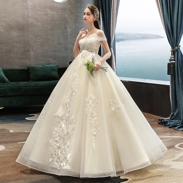Classy Champagne Pregnant Wedding Dresses 2019 Off-The-Shoulder Beading Lace Flower Short Sleeve Backless Floor-Length / Long