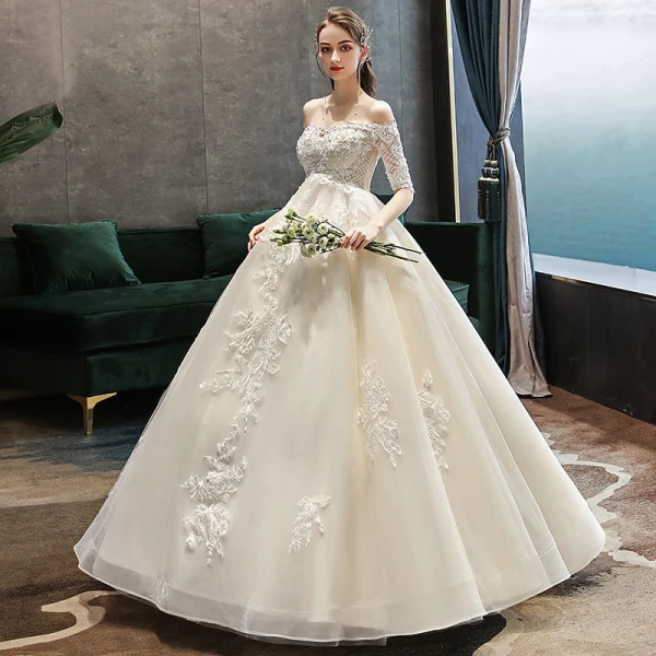Classy Champagne Pregnant Wedding Dresses 2019 Off-The-Shoulder Beading Sequins Lace Flower Short Sleeve Backless Floor-Length / Long