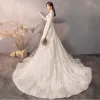 Charming Champagne Wedding Dresses 2019 A-Line / Princess Scoop Neck Star Lace Flower 3/4 Sleeve Backless Court Train