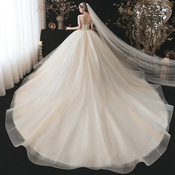 Modern / Fashion Champagne Wedding Dresses 2021 Ball Gown Scoop Neck Beading Pearl Sequins Short Sleeve Backless Royal Train Wedding