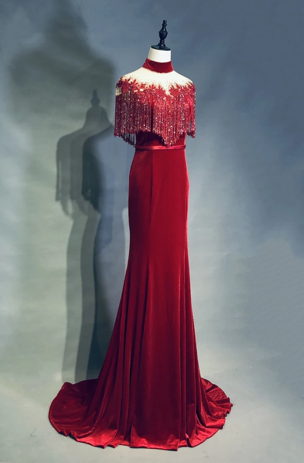 Luxury / Gorgeous Burgundy Handmade Beading Tassel Evening Dresses 2019 Trumpet / Mermaid High Neck Suede Sash Lace Flower Short Sleeve Sweep Train Formal Dresses