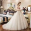 Élégant Champagne Robe De Mariée 2019 Robe Boule Encolure Carrée Perlage Paillettes En Dentelle Fleur Manches Courtes Dos Nu Train De Balayage