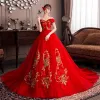 Chinese style Red Pregnant Wedding Dresses 2019 Off-The-Shoulder Sequins Lace Flower Appliques Short Sleeve Backless Chapel Train