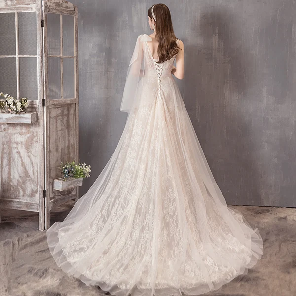 Schöne Ivory / Creme Brautkleider / Hochzeitskleider 2019 A Linie V-Ausschnitt Spitze Blumen Ärmellos Rückenfreies Sweep / Pinsel Zug