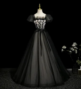 Elegantes Negro Apliques Bowknot Cinturón Vestidos De Gala 2025 Ball Gown Escote Cuadrado Hinchado Manga Corta Sin Espalda Largos Vestidos Formales