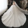Modern / Fashion Champagne Wedding Dresses 2021 Ball Gown Scoop Neck Beading Sequins Pearl Lace Flower Appliques Short Sleeve Backless Royal Train Wedding
