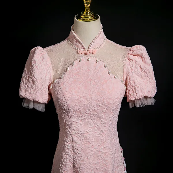 Chinese style Blushing Pink Beading Printing Evening Party Cheongsam 2025 A-Line / Princess High Neck Short Sleeve Tea-length