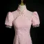 Chinese style Blushing Pink Beading Printing Evening Party Cheongsam 2025 A-Line / Princess High Neck Short Sleeve Tea-length