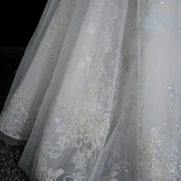 Chic / Beautiful Sky Blue Glitter Lace Flower Appliques Prom Dresses 2025 Ball Gown Strapless Sleeveless Backless Floor-Length / Long Formal Dresses