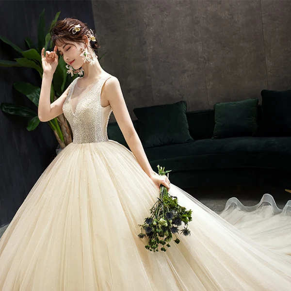 Elegant Champagne Wedding Dresses 2019 A-Line / Princess Scoop Neck Beading Sequins Sleeveless Backless Court Train