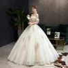 Classy Champagne Wedding Dresses 2019 Ball Gown Ruffle Off-The-Shoulder Beading Lace Flower Short Sleeve Backless Floor-Length / Long