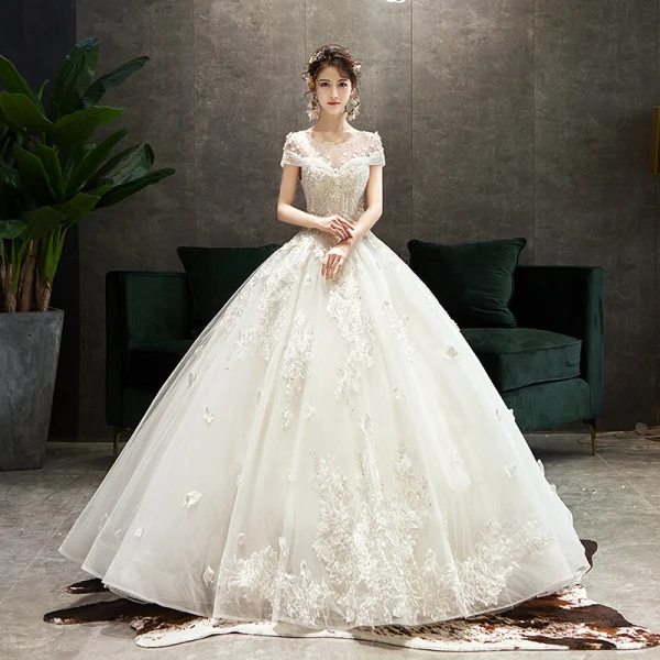 Elegant Champagne Wedding Dresses 2019 Ball Gown Scoop Neck Beading Lace Flower Short Sleeve Backless Floor-Length / Long