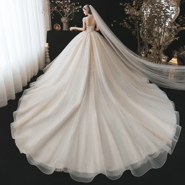 Classy Champagne Wedding Dresses 2021 Ball Gown High Neck Beading Pearl Sequins Lace Flower Appliques Short Sleeve Backless Royal Train Wedding