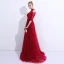 Chic / Belle Bordeaux Robe De Soirée 2018 Princesse En Dentelle Fleur Perlage Cristal Perle Noeud épaules 1/2 Manches Longue Robe De Ceremonie