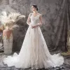 Chic / Beautiful Champagne Wedding Dresses 2019 A-Line / Princess Strapless Pearl Lace Flower Backless Bow Sleeveless Court Train