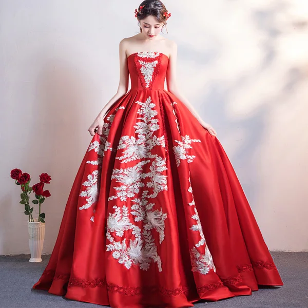 Chinesischer Stil Schöne Burgunderrot Brautkleider / Hochzeitskleider 2019 A Linie Bandeau Spitze Blumen Ärmellos Rückenfreies Lange