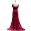 Luxury / Gorgeous Burgundy Handmade  Beading Evening Dresses  2019 Trumpet / Mermaid Scoop Neck Crystal Tassel Lace Flower Short Sleeve Sweep Train Formal Dresses