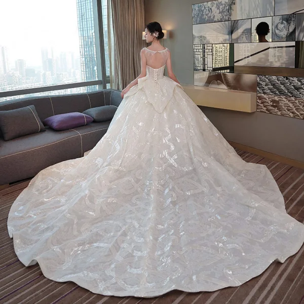 Luxury / Gorgeous Champagne Wedding Dresses 2019 Ball Gown Scoop Neck Sequins Lace Flower Sleeveless Backless Cascading Ruffles Cathedral Train