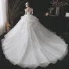 Modern / Fashion Ivory Cascading Ruffles Wedding Dresses 2021 Ball Gown High Neck Rhinestone Sequins Lace Flower Short Sleeve Backless Royal Train Wedding