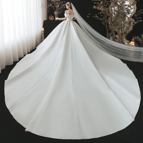 Modest / Simple Elegant Ivory Satin Wedding Dresses 2021 Ball Gown Off-The-Shoulder Bow Short Sleeve Backless Royal Train Wedding