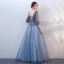 Elegante Blau Ballkleider 2018 A Linie Mit Spitze Blumen Applikationen Perle V-Ausschnitt Rückenfreies 3/4 Ärmel Lange Festliche Kleider