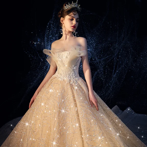 Luxury / Gorgeous Champagne Wedding Dresses 2019 Ball Gown Strapless Glitter Tulle Sequins Beading Sleeveless Backless Cathedral Train