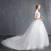 Affordable Ivory Wedding Dresses 2019 A-Line / Princess Off-The-Shoulder Beading Tassel Pearl Crystal Lace Flower Short Sleeve Backless Court Train
