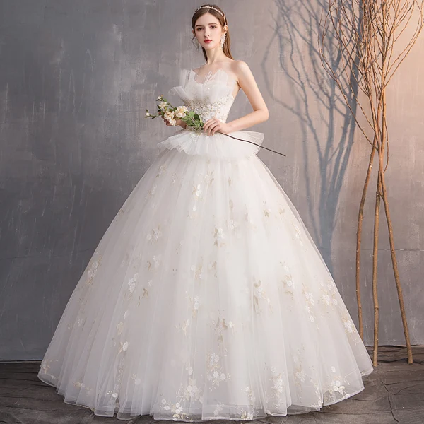 Abordable Ivoire Robe De Mariée 2019 Robe Boule Bustier Perlage Paillettes En Dentelle Fleur Sans Manches Dos Nu Longue