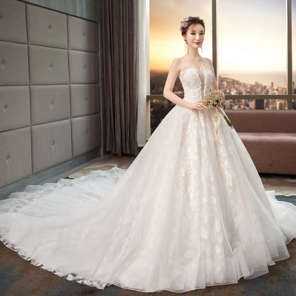 Edles Ivory / Creme Brautkleider / Hochzeitskleider 2019 A Linie Perlenstickerei Perle Pailletten Spitze Blumen Ärmellos Rückenfreies Königliche Schleppe