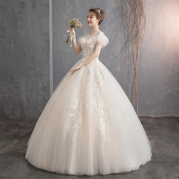 Lovely Champagne Wedding Dresses 2019 Ball Gown Scoop Neck Beading Lace Flower Short Sleeve Backless Floor-Length / Long