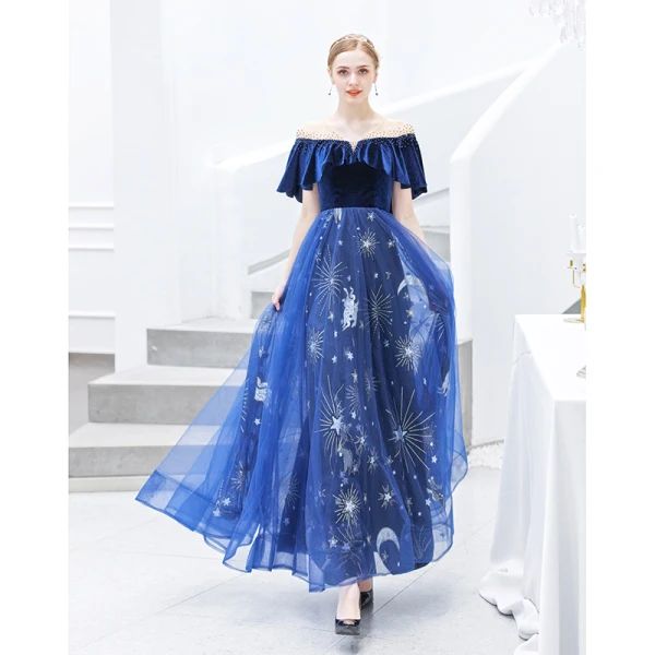 Chic / Beautiful Royal Blue Evening Dresses 2019 A-Line / Princess Suede V-Neck Star Sequins Rhinestone Short Sleeve Backless Ankle Length Formal Dresses