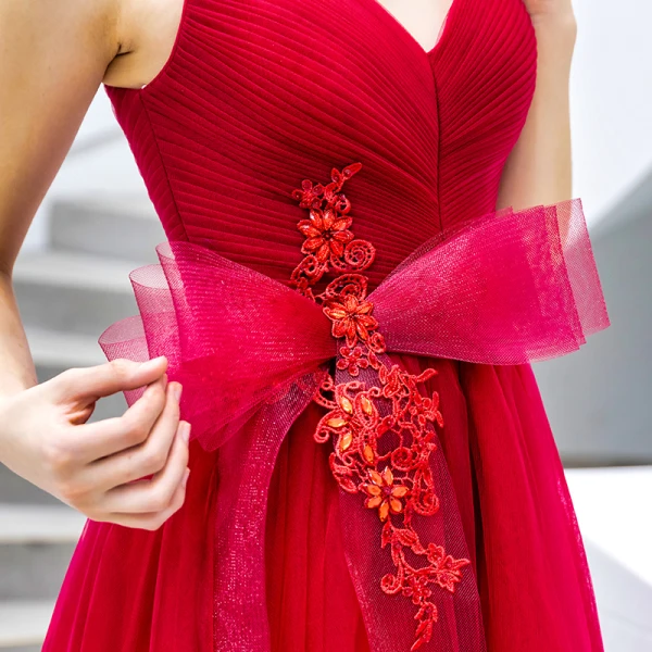 Chic / Belle Rouge Robe De Bal 2019 Princesse V-Cou Perlage En Dentelle Fleur Noeud Sans Manches Dos Nu Longue Robe De Ceremonie