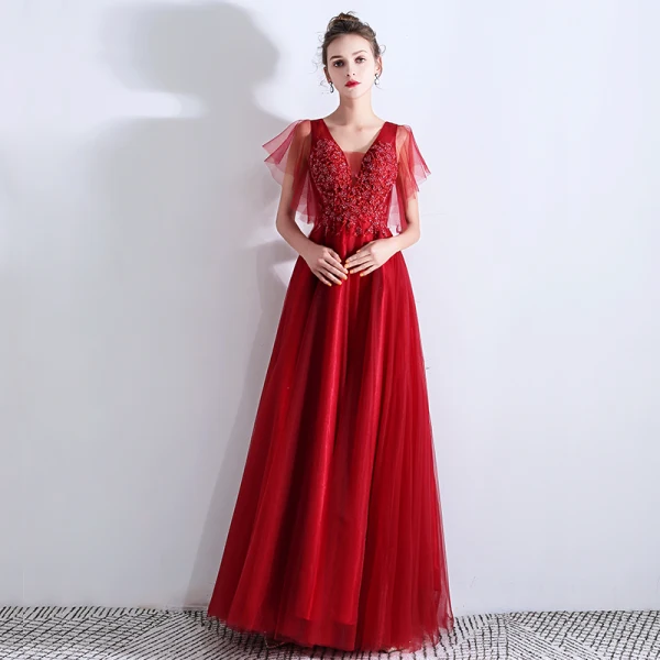 Chic / Beautiful Burgundy Evening Dresses 2019 A-Line / Princess V-Neck Beading Crystal Lace Flower Short Sleeve Backless Floor-Length / Long Formal Dresses