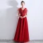 Chic / Beautiful Burgundy Evening Dresses  2019 A-Line / Princess V-Neck Beading Crystal Lace Flower Short Sleeve Backless Floor-Length / Long Formal Dresses