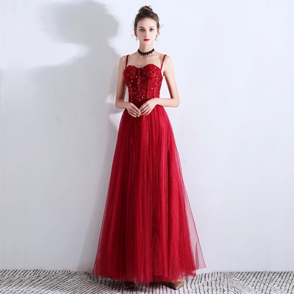 Chic / Belle Bordeaux Robe De Soirée 2019 Princesse Bretelles Spaghetti Perlage Cristal Paillettes Sans Manches Dos Nu Longue Robe De Ceremonie