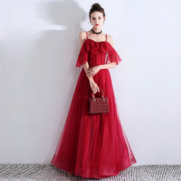 Chic / Beautiful Burgundy Evening Dresses 2019 A-Line / Princess Spaghetti Straps Beading Crystal Sleeveless Backless Floor-Length / Long Evening Party Formal Dresses