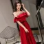 Chic / Belle Rouge Robe De Soirée 2019 Princesse Encolure Dégagée Perlage Noeud Manches Courtes Dos Nu Longue Robe De Ceremonie