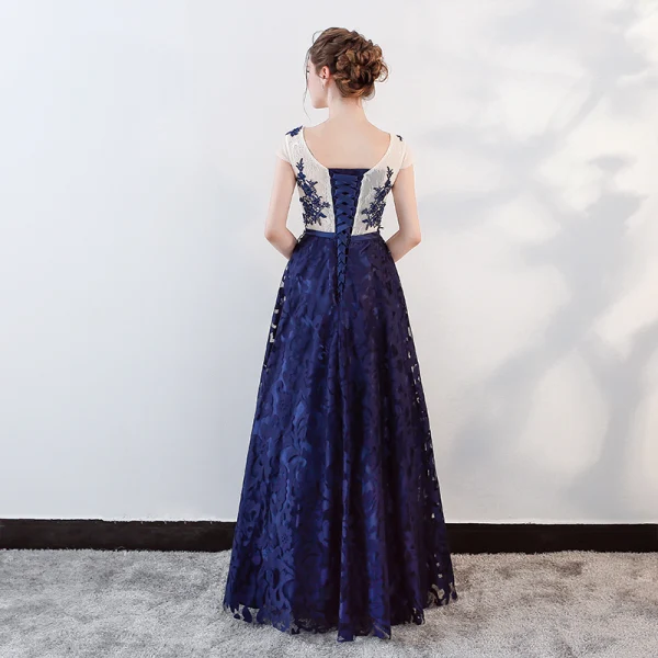Chic / Beautiful Royal Blue Prom Dresses 2018 A-Line / Princess Beading Crystal Lace Flower Sash Scoop Neck Backless Short Sleeve Floor-Length / Long Formal Dresses