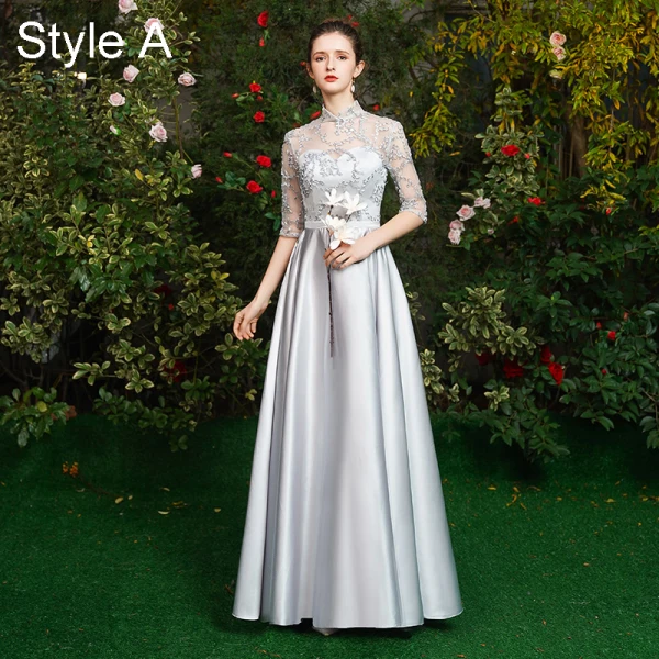 Simple Gris Robe Demoiselle D'honneur 2021 Princesse Encolure Dégagée 1/2 Manches Dos Nu Longue Robe Pour Mariage