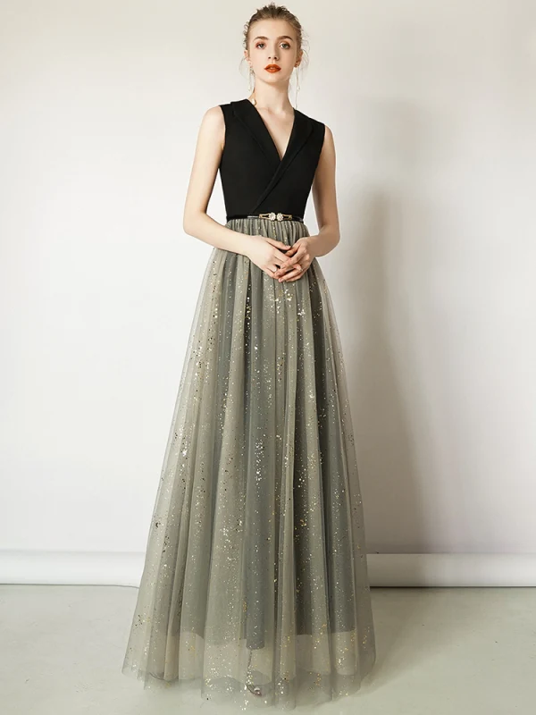 Chic / Belle Noire Robe De Soirée 2019 Princesse V-Cou Ceinture Paillettes Sans Manches Longue Robe De Ceremonie