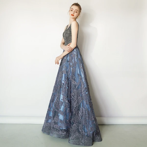 Luxury / Gorgeous Ocean Blue Handmade Beading Evening Dresses 2019 A-Line / Princess V-Neck Crystal Lace Flower Sleeveless Backless Sweep Train Formal Dresses