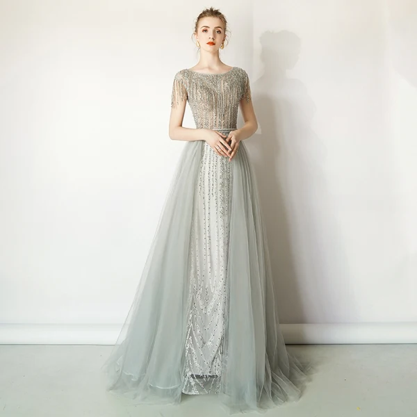 Luxury / Gorgeous Grey Evening Dresses 2019 A-Line / Princess Scoop Neck Handmade Beading Tassel Sequins Short Sleeve Sweep Train Formal Dresses
