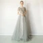 Luxury / Gorgeous Grey Evening Dresses  2019 A-Line / Princess Scoop Neck Handmade  Beading Tassel Sequins Short Sleeve Sweep Train Formal Dresses