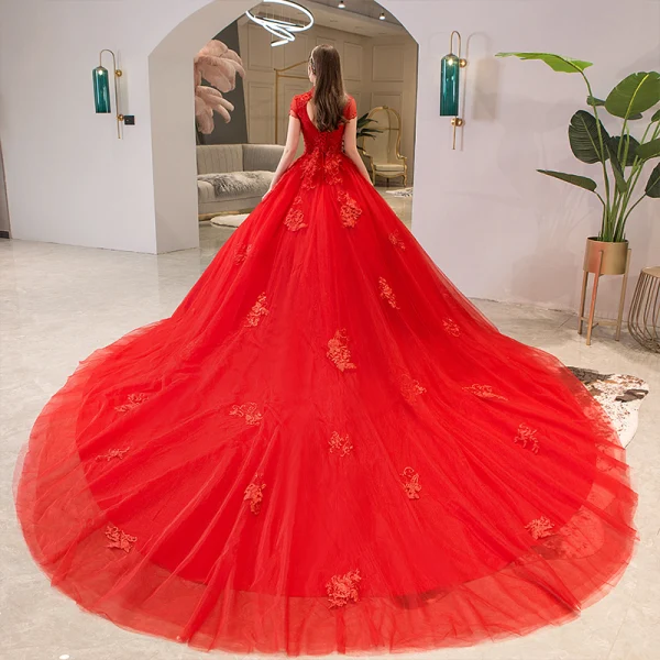 Chinese style Red Wedding Dresses 2019 Ball Gown High Neck Beading Crystal Lace Flower Sequins Short Sleeve Backless Cathedral Train