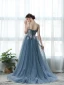 Chic Bleu Robe De Bal 2019 Princesse Bretelles Spaghetti Plumes En Dentelle Fleur Appliques Perle Sans Manches Dos Nu Train De Balayage Robe De Ceremonie