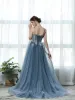 Classy Pool Blue Prom Dresses 2019 A-Line / Princess Spaghetti Straps Feather Lace Flower Appliques Pearl Sleeveless Backless Sweep Train Formal Dresses